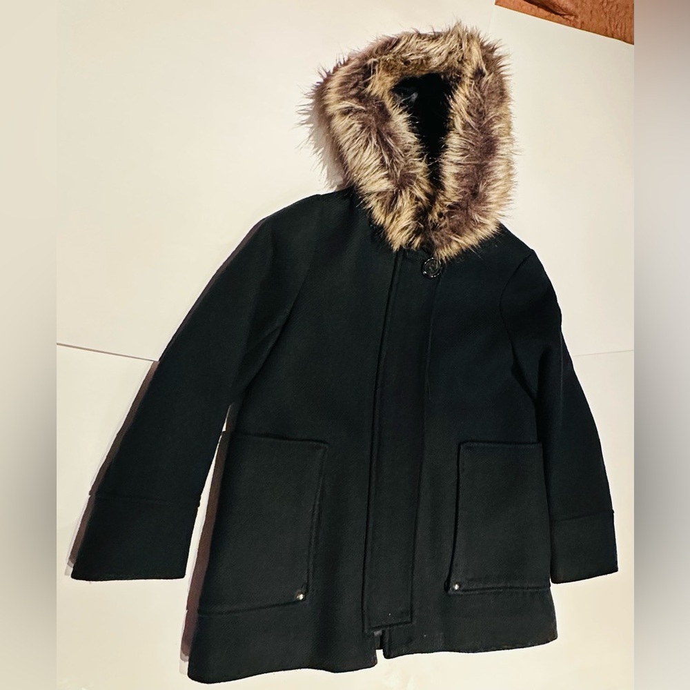 Zara Black Kids Coat with Faux Fur Trim